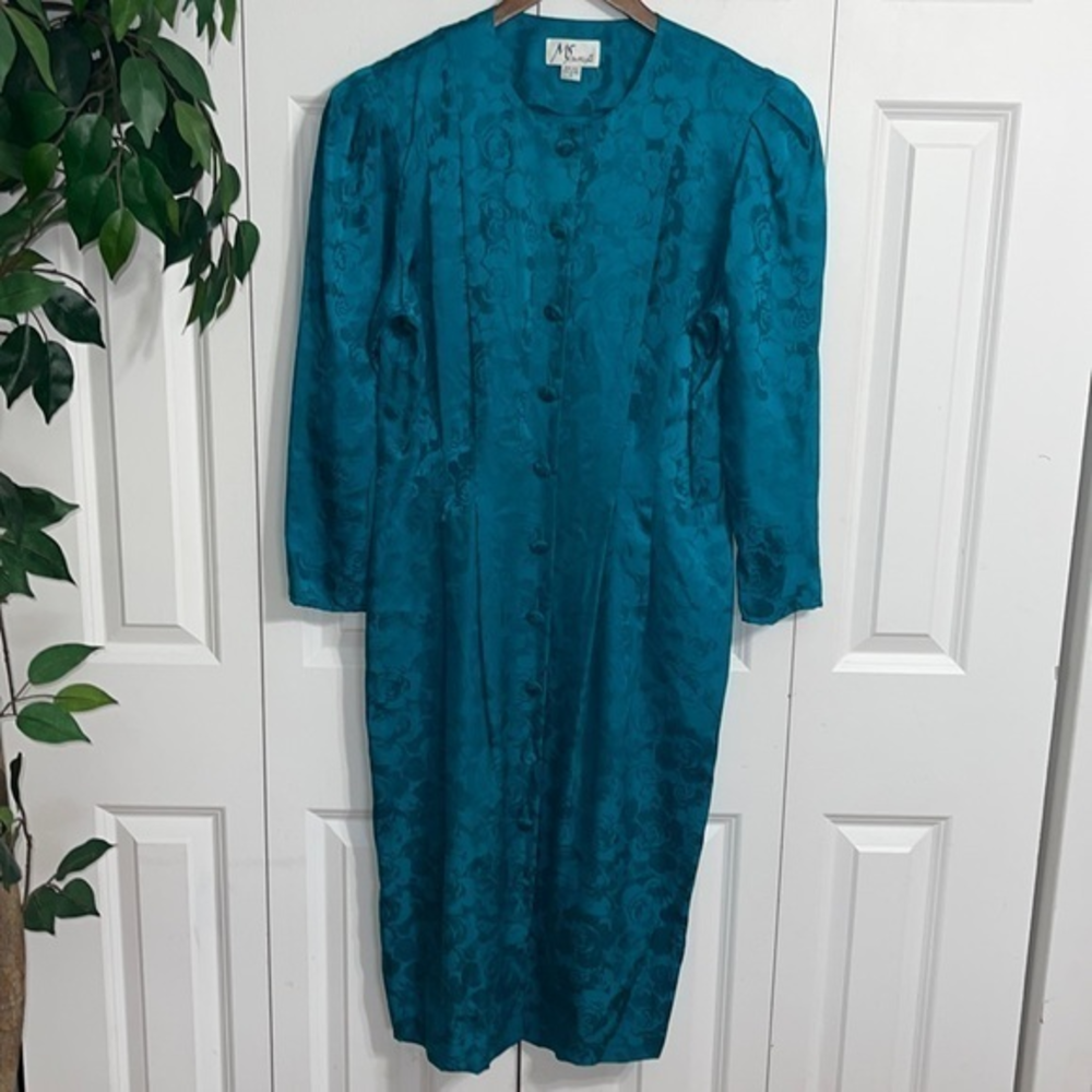 MS for Misho Vintage 100% Silk Teal Floral Rose Jacquard Button Front Dress 12